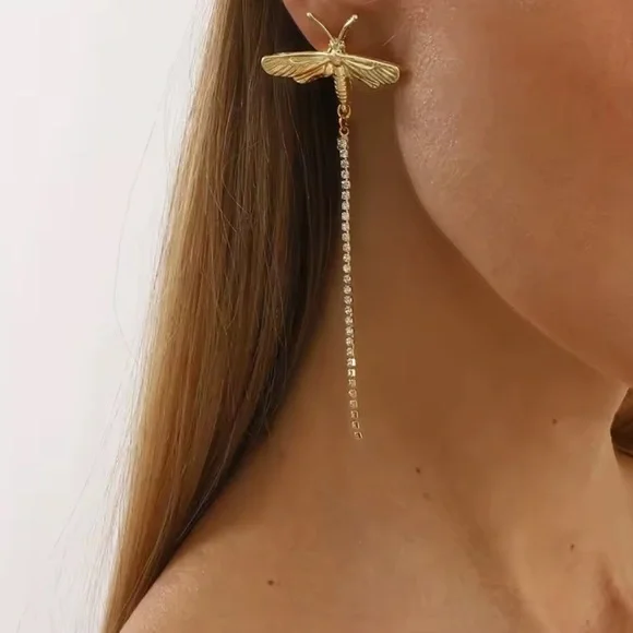 Zara Vintage Metal Dragonfly Rhinestone Tassel Dangling Earrings - Picture 3 of 6